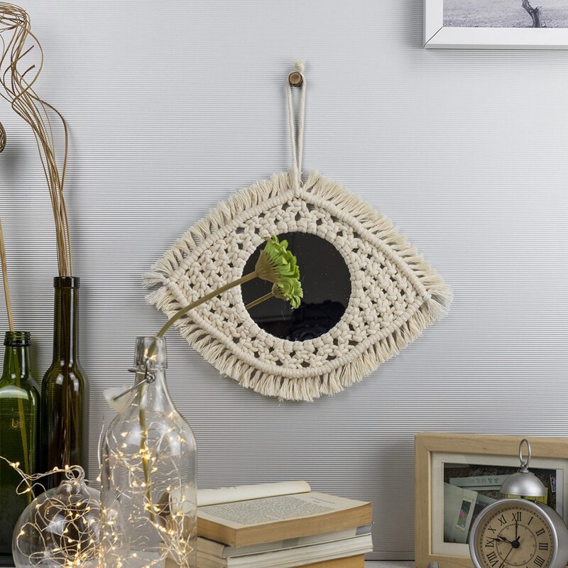 

Eye Design Woven Wall Hanging With Mirror, Beige