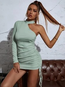 SHEIN SXY One Shoulder Drawstring Knot Bodycon Dress - Mint Green - View 3