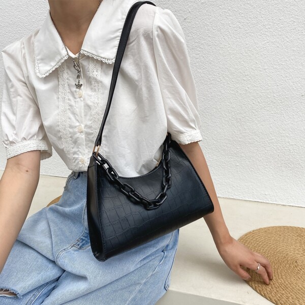 

Croc Embossed Chain Baguette Bag, Black