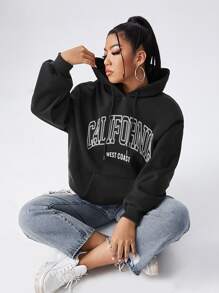 Flirla Plus Letter Graphic Kangaroo Pocket Drawstring Hoodie - Black - View 1