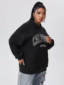Flirla Plus Letter Graphic Kangaroo Pocket Drawstring Hoodie - Black - View 3
