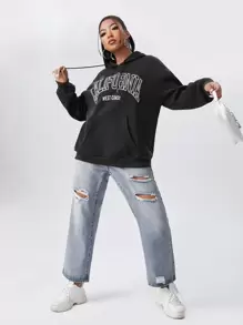 Flirla Plus Letter Graphic Kangaroo Pocket Drawstring Hoodie - Black - View 5