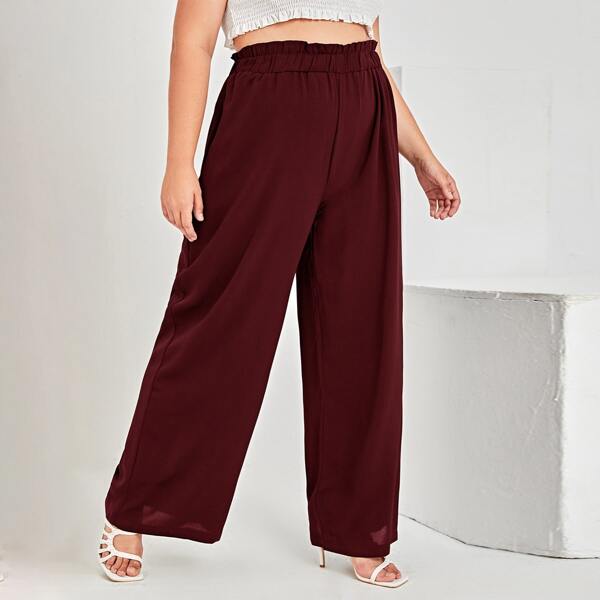 

Plus Paper Bag Waist Wide Leg Pants, Burgundy