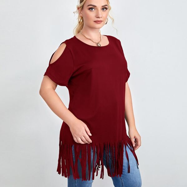 

Plus Fringe Hem Round Neck Tee, Burgundy