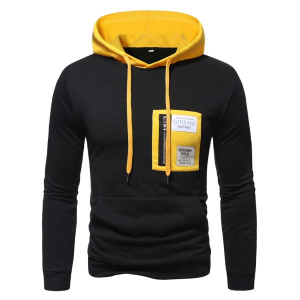 

Men Patch Detail Kangaroo Pocket Drawstring Hoodie, Black