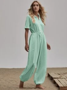 貼布口袋自腰帶襯衫連身長褲 - 薄荷綠 - 查看 1