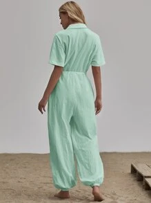 貼布口袋自腰帶襯衫連身長褲 - 薄荷綠 - 查看 2