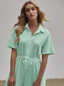 貼布口袋自腰帶襯衫連身長褲 - 薄荷綠 - 查看 3