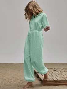 貼布口袋自腰帶襯衫連身長褲 - 薄荷綠 - 查看 4