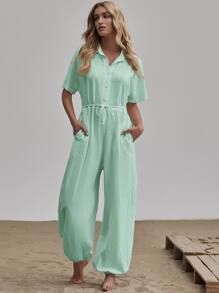 貼布口袋自腰帶襯衫連身長褲 - 薄荷綠 - 查看 5