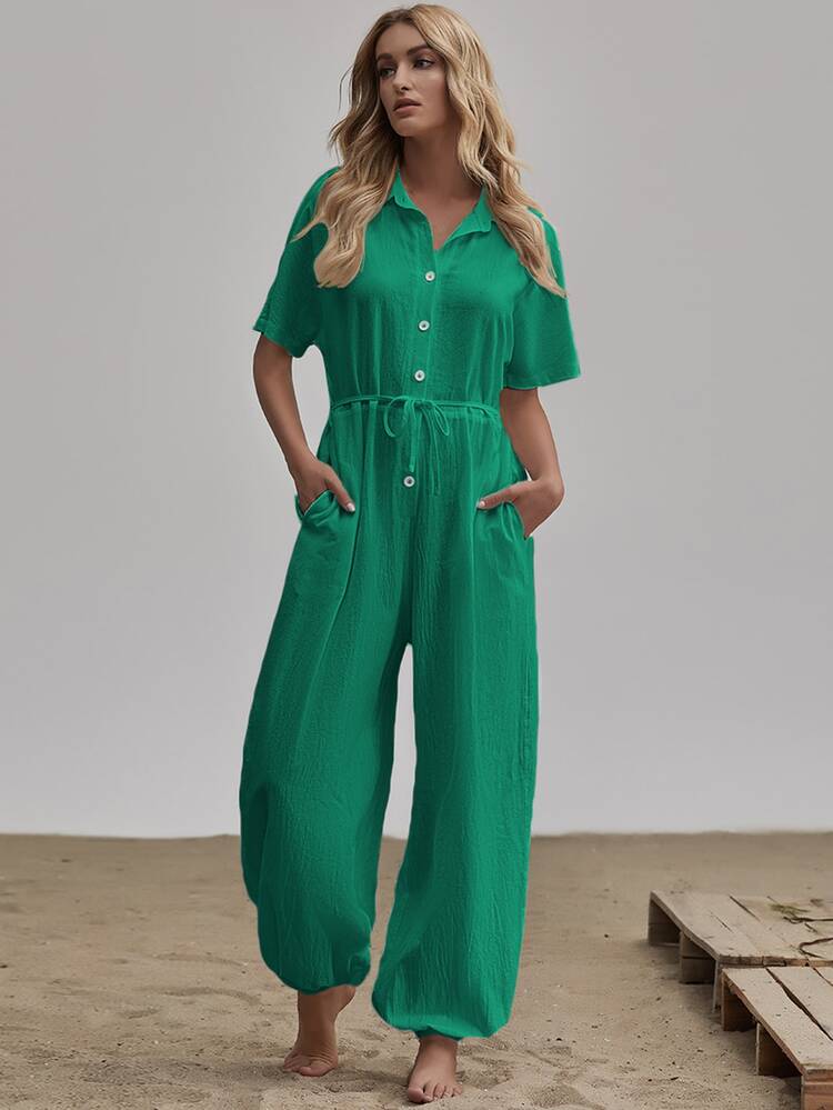 Pocket Patched Self Belted Shirt Jumpsuit - Green - View 3
