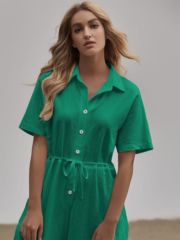 Pocket Patched Self Belted Shirt Jumpsuit - Green - View 5