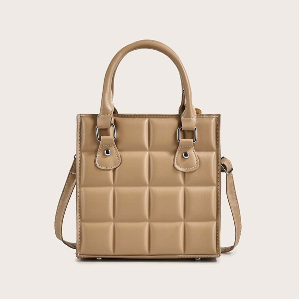 

Textured Studded Decor Satchel Bag, Khaki