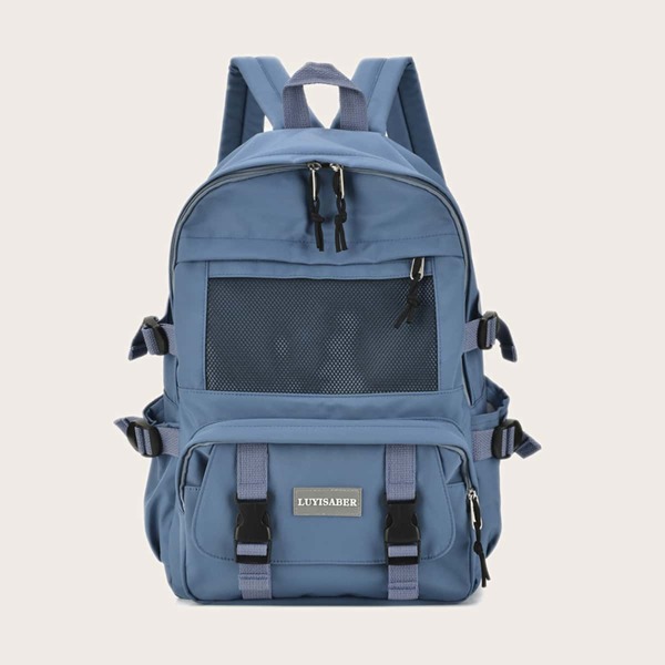 

Mesh Panel Buckle Decor Backpack, Blue