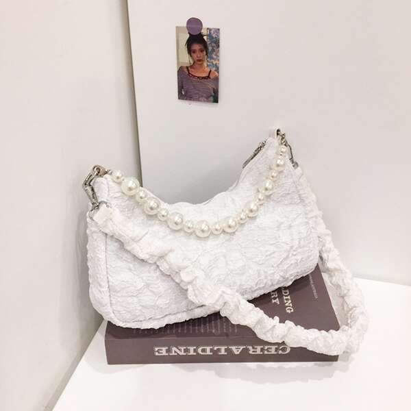 

Faux Pearls Decor Baguette Bag, White