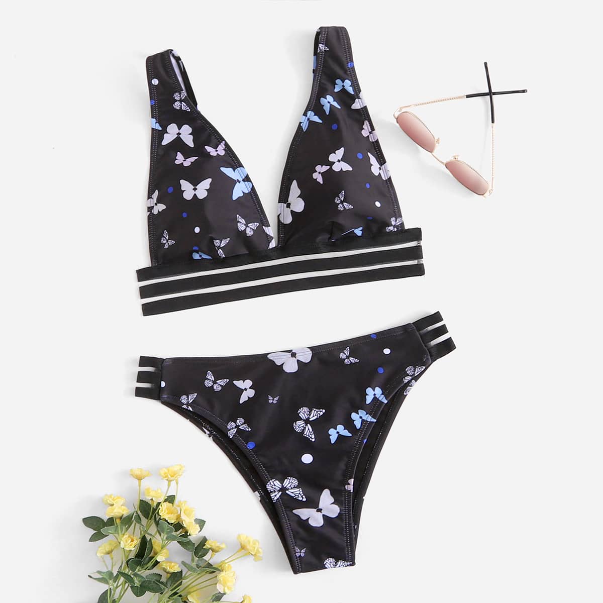 

Butterfly Print Mesh Trim Bikini Swimsuit, Black