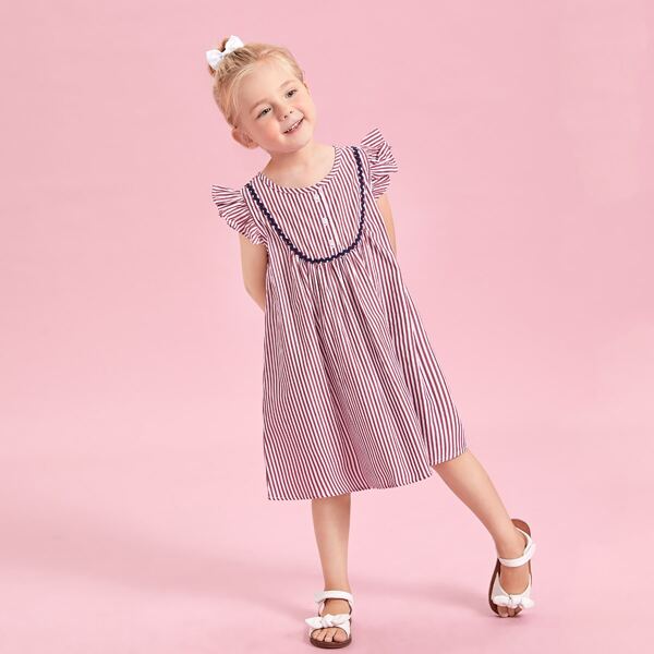 

Toddler Girls Striped Ruffle Sleeve Smock Dress, Red and white
