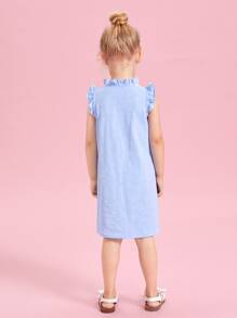 SHEIN Niñitas Vestido ribete con fruncido con diseño de botón - Celeste - Ver 2