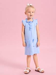 SHEIN Niñitas Vestido ribete con fruncido con diseño de botón - Celeste - Ver 3