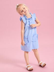 SHEIN Niñitas Vestido ribete con fruncido con diseño de botón - Celeste - Ver 4