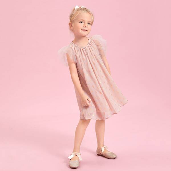 

Toddler Girls Polka Dot Mesh Sleeve Smock Dress, Dusty pink