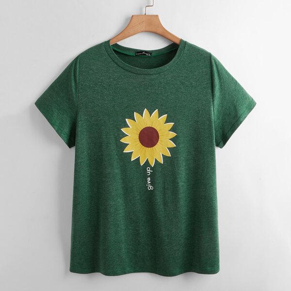 

Plus Letter & Floral Print Tee, Dark green
