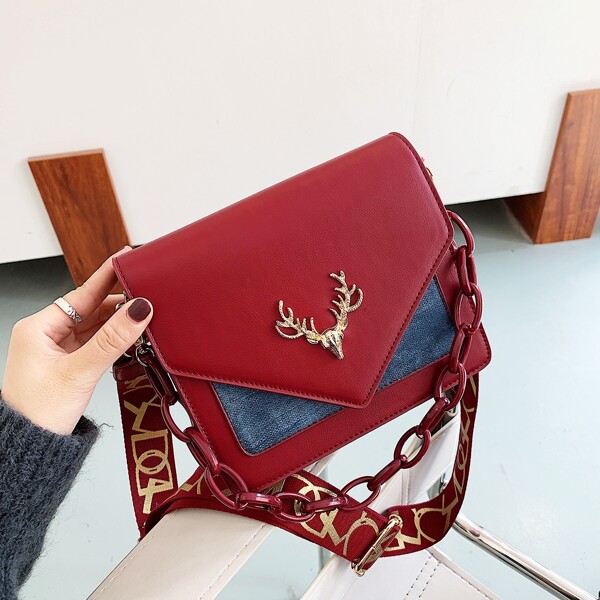 

Colorblock Pattern Deer Decor Chain Shoulder Bag, Red