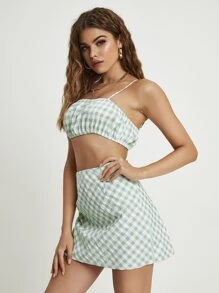 Gingham Print Cami Top & Zip Side Skirt Set - Mint Green - View 3