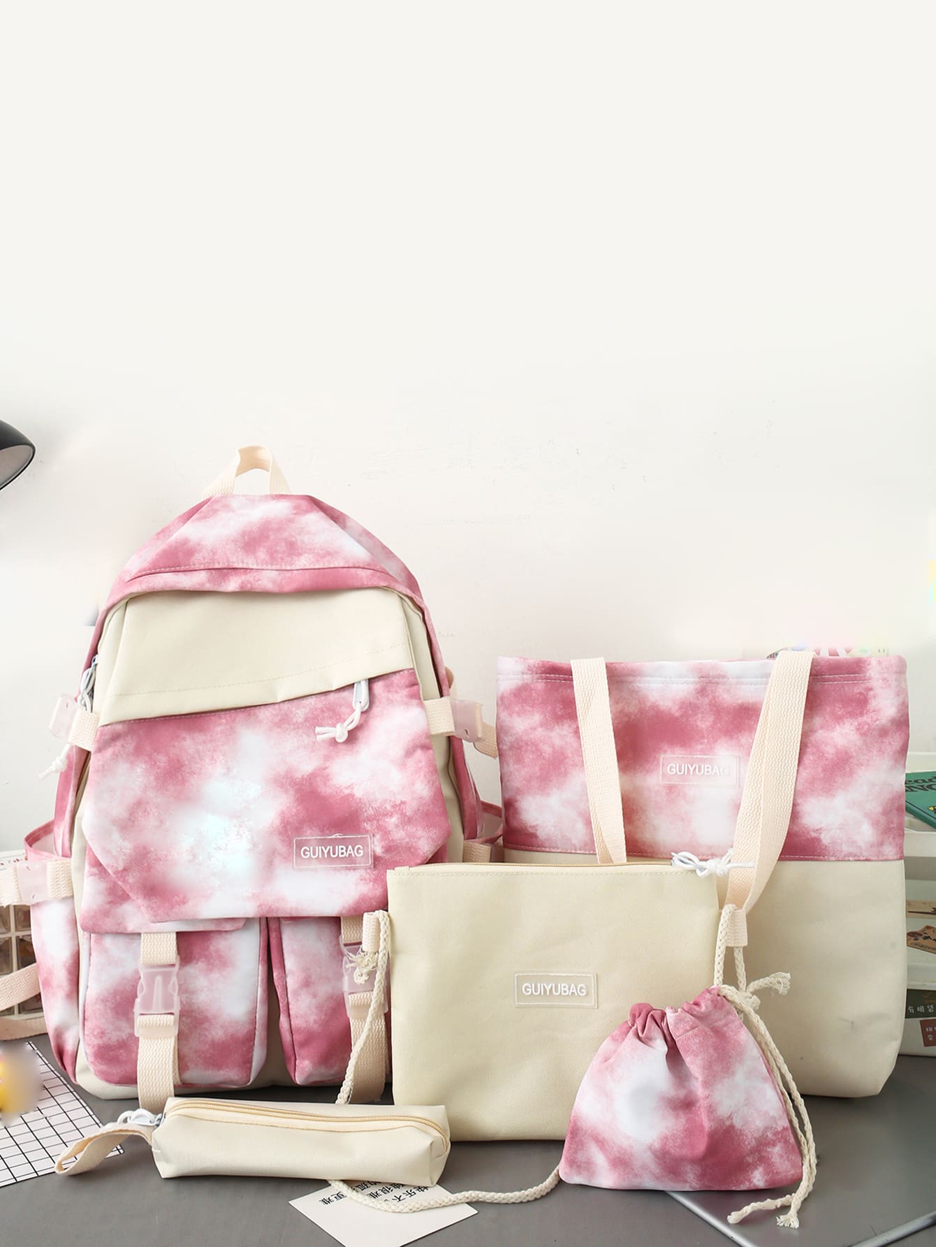 Bộ túi trẻ em Lá thư Cà vạt nhuộm Có thể điều chỉnh được Đôi tay cầm - Hồng - Xem 1