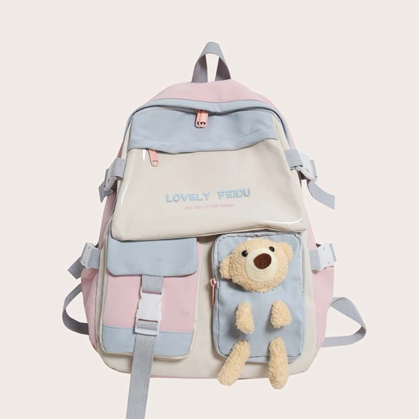 

Colorblock Pattern Bear Decor Backpack, Multicolor