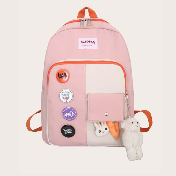 

Letter Graphic Badge Decor Functional Backpack, Pink