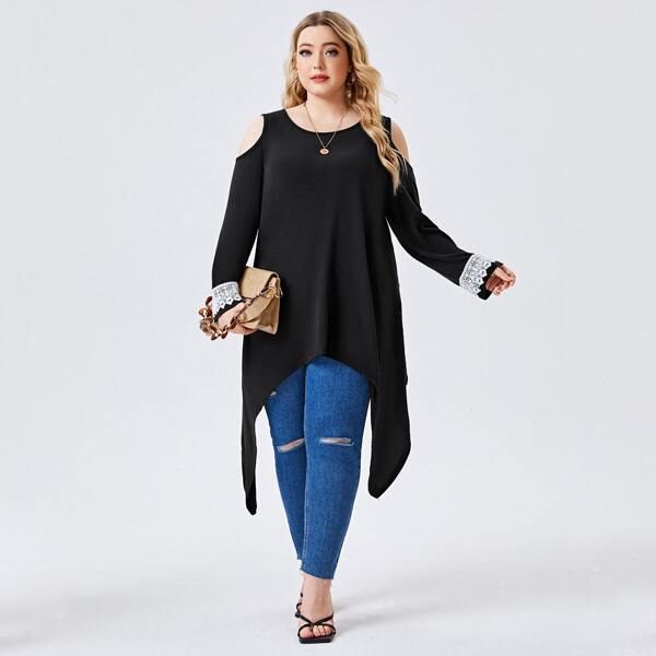 

Plus Cold Shoulder Asymmetrical Hem Contrast Guipure Lace Tee, Black