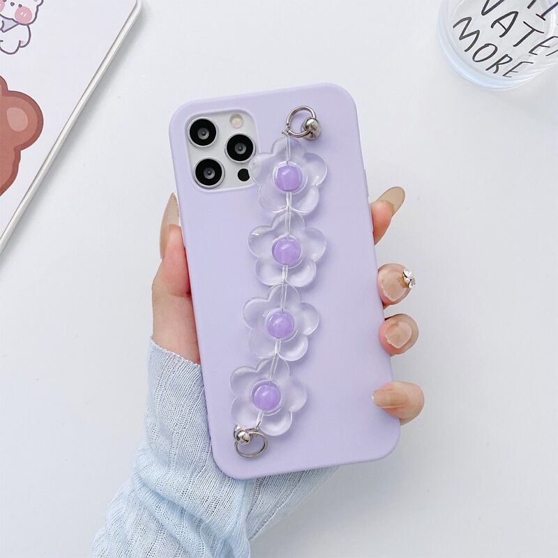

Soild Phone Case With Flower Chain Hand Strap, Purple