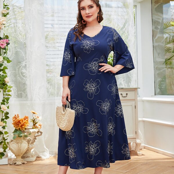 

Plus Floral Print Trumpet Sleeve Dress, Navy blue
