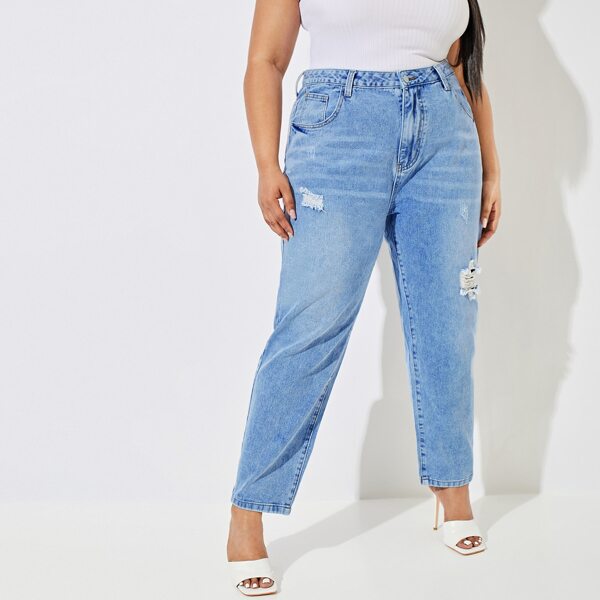 

Plus High Waist Ripped Straight Leg Jeans, Blue