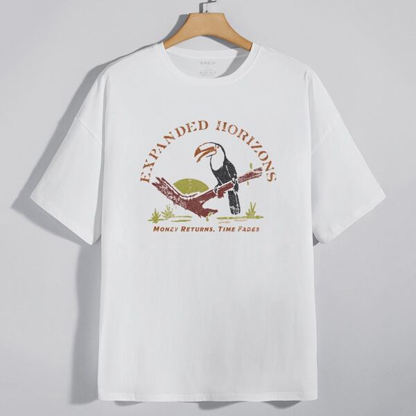 

Men Parrot & Slogan Graphic Drop Shoulder Tee, White