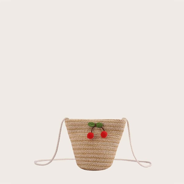 

Girls Cherry Decor Straw Bag, Khaki