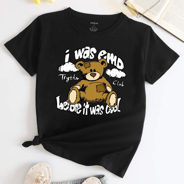 

Bear & Slogan Graphic Round Neck Tee, Black