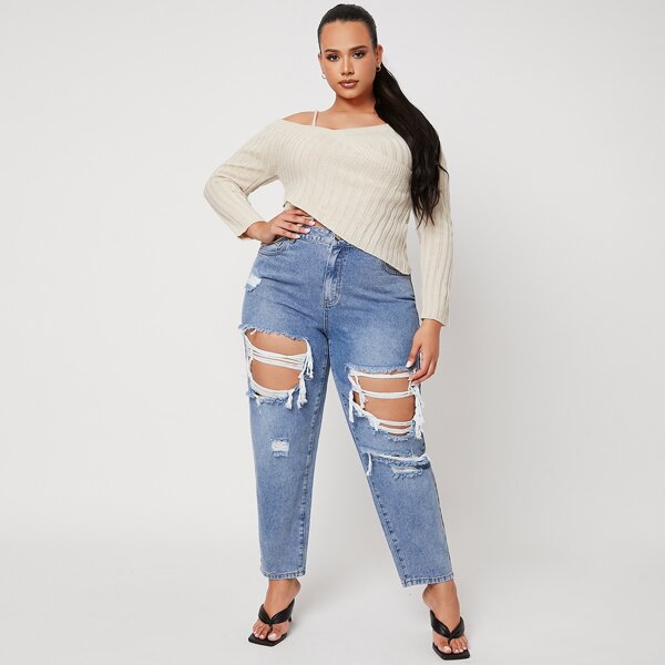 

Plus Ripped Detail Mom Jeans, Medium wash