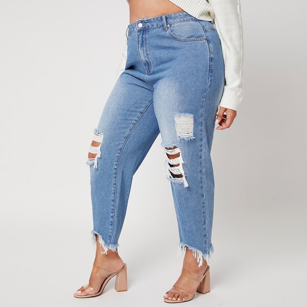 

Plus Ripped Detail Mom Jeans, Medium wash