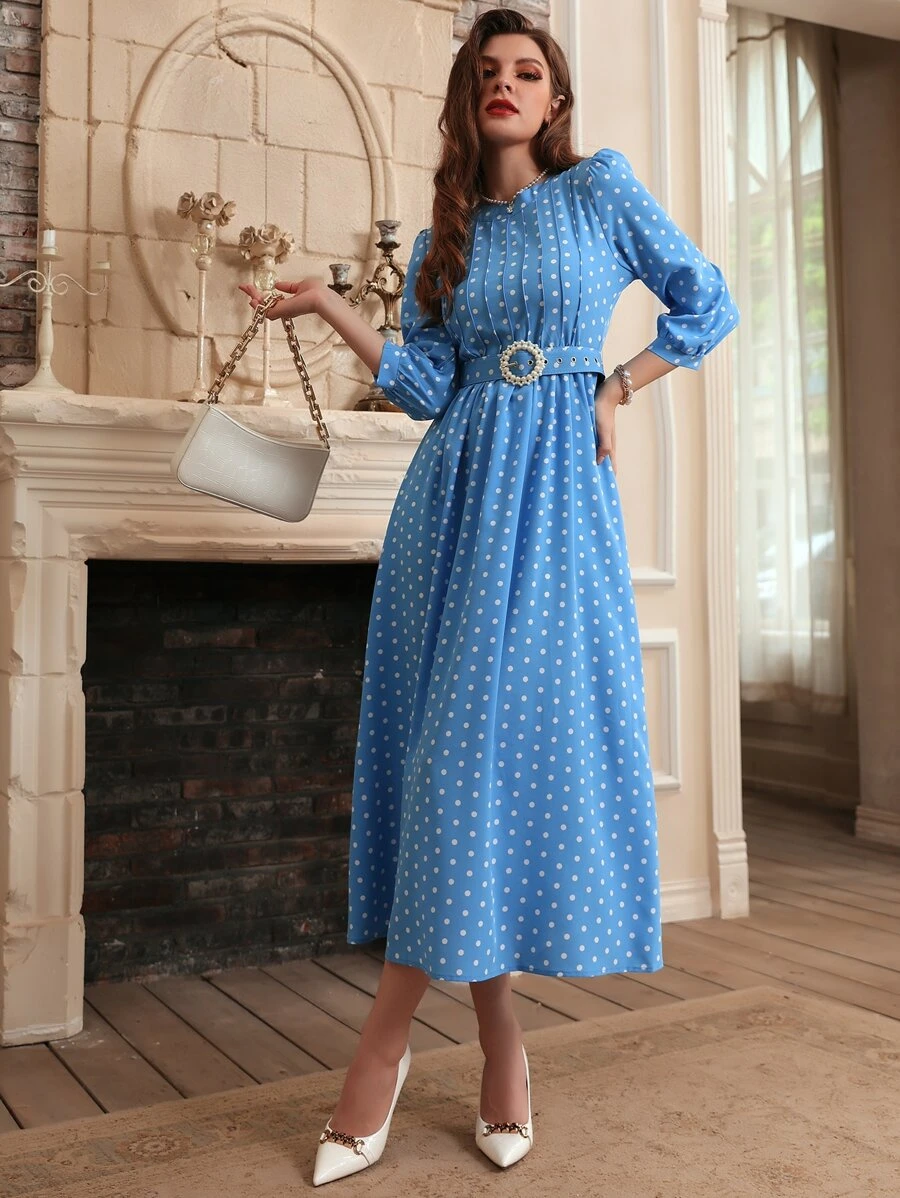 Modelyn Polka Dot Print Puff Sleeve Belted Dress