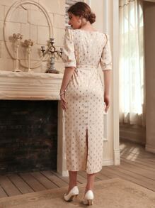 Modelyn 金色點點圖案方領繫腰帶洋裝 - 杏色 - 查看 2