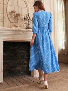 Modelyn Polka Dot Print Puff Sleeve Belted Dress