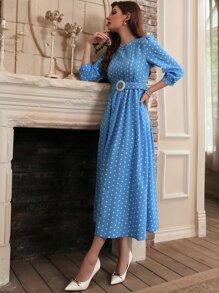 Modelyn Polka Dot Print Puff Sleeve Belted Dress
