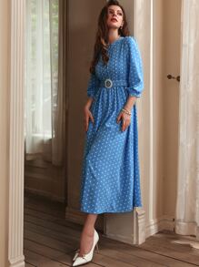 Modelyn Polka Dot Print Puff Sleeve Belted Dress