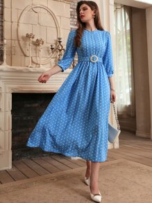 Modelyn Polka Dot Print Puff Sleeve Belted Dress