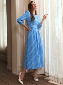Modelyn Polka Dot Print Puff Sleeve Belted Dress