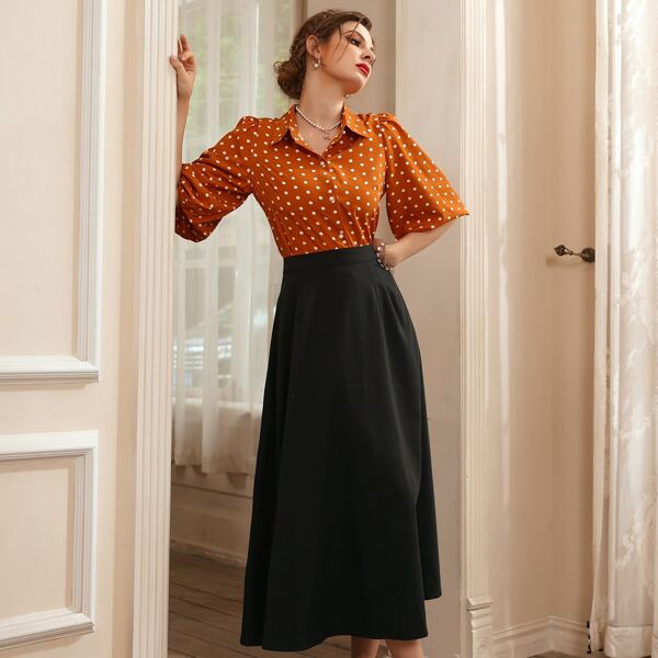 

Polka Dot Print Lantern Sleeve Button Front Blouse & Flared Skirt, Multicolor