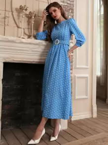 Modelyn Polka Dot Print Puff Sleeve Belted Dress