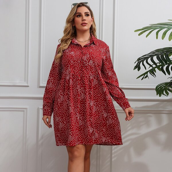 

Plus Polka Dot Blouson Sleeve Shirt Dress, Burgundy